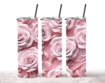 3D Pink Roses 20 oz Skinny Tumbler • 3D Floral design Tumbler • Custom Tumbler • Personalized Gift • 20oz