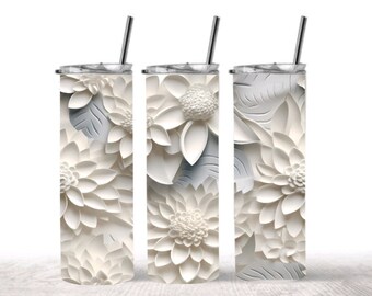 3D White Floral Botanical 20 oz Skinny Tumbler • 3D Floral design Tumbler • Custom Tumbler • Personalized Gift •