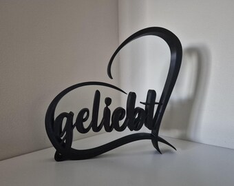 3D printed lettering "loved in the heart", white or black, freestanding, decoration for the living room / bedroom or as a gift