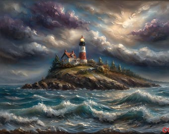 Lighthouse in Storm (2025), Original Art, Digital Print, Instant Download, Printable