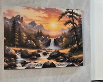 Mountain Waterfall (2025), Original Art, Stretched Canvas, Oil Painting, Wall Art, 18"x24"