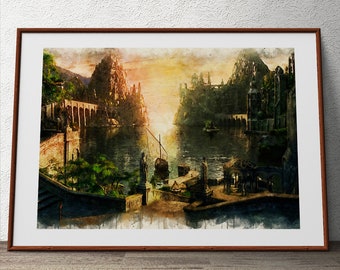 The Grey Havens Painting, Watercolor Elvish Port City Print, Lord of the Rings Poster Art, Tolkien, LotR, Gandalf, Bilbo, Frodo Goodbye