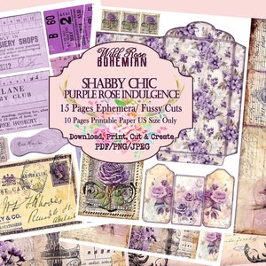 SHabby Chic Purple Rose Junk Journal Kit, Printable Purple Rose SPring Printable Ephemera,  Printable Journal Kit, Junk Journal Spring