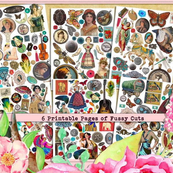 Vintage Bohemian Clipart, Gypsy Images, Romany Fussy Cuts Collage Sheet, Mixed Media, Printable Gypsy Stickers, Gypsy Fussy Cuts