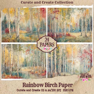 Fall Forest Junk Journal Paper | Printable | Digital Paper Ephemera | Distressed Collage Bohemian | Rainbow Fall Background Media Collage