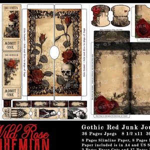 Halloween Gothic Junk Journal Kit, Red Rose Gothic Pages, Gothic Slimline Paper, Gothic Hang Tags, Gothic Fussy Cuts, Junk Journal Kit