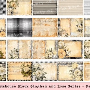 Farm Paper Digital, Farmhouse Black Gingham and Rose Digital Paper, Farm Paper, Junk Journal Farm Paper, Digital Farm Paper, Farm Ephemera