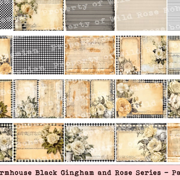 Farm Paper Digital, Farmhouse Black Gingham and Rose Digital Paper, Farm Paper, Junk Journal Farm Paper, Digital Farm Paper, Farm Ephemera