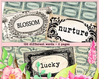 One Word Sentiments, Single Word Printable, Junk Journal Words, Word Phrases, Junk Journal Kit, Words for Mixed Media, Printable Words