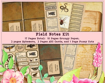 Field Notes and Specimen Slides Nature Ephemera, Junk Journal Kit Printable Ephemera, ACEO, Paper and Junk Journal Kit, Etemology Kit