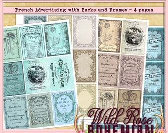 Vintage French Ephemera Junk Journal Kit,  French Advertising and Post cards, ATC Digital Collage Sheets, French Ephemera Printable