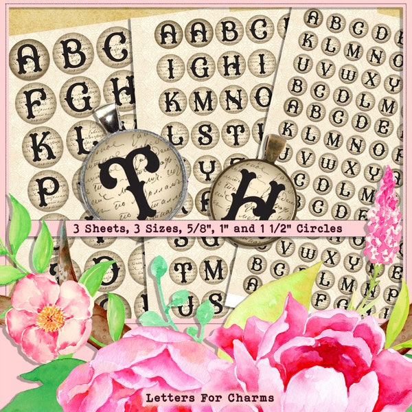 Grungy Letter Cabochons Printable Grungy Alphabet Charm Circle Cabochons in Three Sizes Junk Journal Kit Downloadable Letter Charm Ephemera