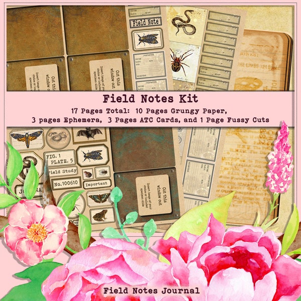 Field Notes and Specimen Slides Nature Ephemera, Junk Journal Kit Printable Ephemera, ACEO, Paper and Junk Journal Kit, Etemology Kit