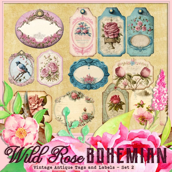 Junk Journal Ephemera Kit Vintage Roses, Printable Shabby Chic Roses Ephemera, VIntage Rose Labels, Pink Wild Rose Printable Tag, Turquoise