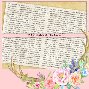 May include: A pink background with a floral design and a brown antler. The text "12 Printable Quote Pages" is in a white box with a black outline. The text is in a bold, decorative font. The text is centered on the page. The background is a light pink with a floral design. The antler is brown and has a white tip. The antler is in the lower right corner of the page.