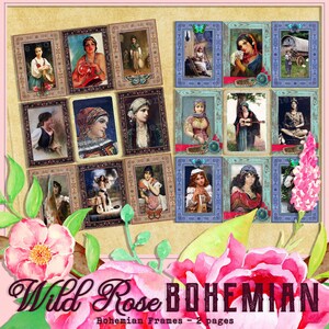 May include: A digital collage of vintage images featuring women in various poses and settings. The images are framed in ornate, bohemian-style frames with floral accents. The title "Wild Rose Bohemian" is displayed at the bottom of the collage.