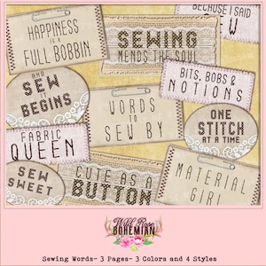 Sewing Word Sentiments, Sew Words Sentiments Printable, Sewing Junk Journal Quotes, Word Phrases, Junk Journal Kit, Sewing Words Mixed Media