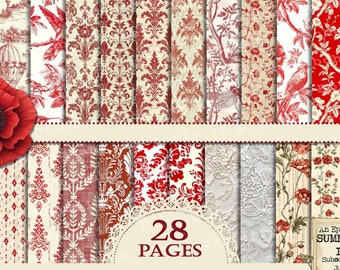 Red French Toile Paper: Vintage Damask Patterns (Digital Download)