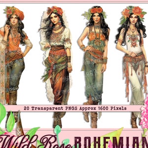 Boho Fussy Cut Stickers, Boho Girls Fall Clipart, Bohemian Girls Fall Sheet, Boho Girl Printable Downloadable,  Junk Journal Fussy Cut