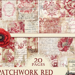 Patchwork Paper, Rural Cottage Core French Paper, Damask Paper, Vintage French Patterns, Shabby Chic Red French Paper, French