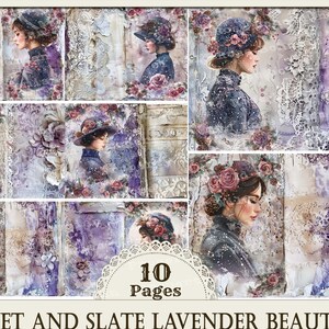 Lavender Lace Beauties Printable Paper, Lace Collage Paper, Junk JOurnal Kit, watercolor Digital, collage , Violet and Slate Winter Paper