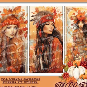 Fall Bohemian Girl Ephemera - Autumn Junk Journal Printable,  Digital Collage Sheets - Instant Downloa Junk Journal  Tag Kit