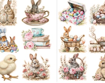 Pink Bunny Easter Clipart: Shabby Chic PNG Bundle, Cottage Core Sublimation Transparent Journal Stickers, Printable Stickers,