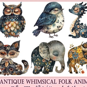 Folk Art Animals Clipart: Whimsical Animal PNG Stickers, Junk journal Graphics, and Printable ephemera,