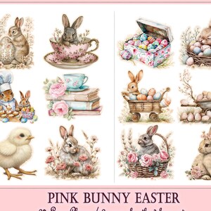May include: A set of 30 digital clipart images featuring pink bunnies, Easter eggs, and other spring-themed elements. The clipart is ideal for crafting, scrapbooking, and other creative projects.