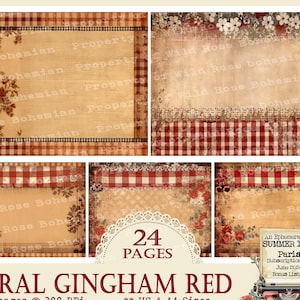 Rural Gingham Red Paper, Grunge French Farmhouse, Farm Red Grunge Paper, Floral and farm, printable french journal kit, junk journal kit