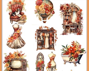 autum fall clipart, fall scrapbooking  fussy cuts, Vintage Fall Antiques Fussy Cuts: Transparent PNGs, Printable Victorian Fall stickers