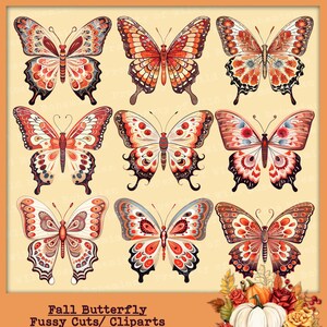 May include: Nine digital illustrations of autumn-themed butterflies with intricate patterns in shades of orange, red, brown, and white. The butterflies are arranged in three rows of three. The text "Fall Butterfly Fussy Cuts/Cliparts" is at the top of the image. The text "Wild Rose Bohemian" is at the bottom of the image.