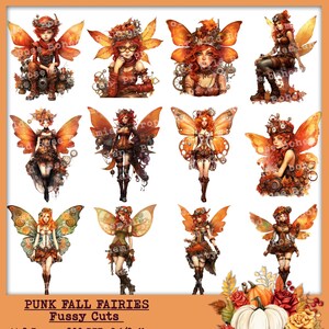 May include: A digital download of 12 printable images featuring steampunk fairies with fall-themed wings and outfits. The fairies are wearing brown, orange, and gold colors. The images are 300 DPI and 8.5 x 11 inches. The text "Punk Fall Fairies Fussy Cuts" is at the bottom of the image.
