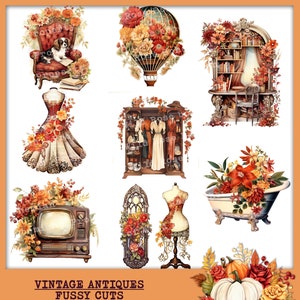 Vintage Antique Objects Transparent Pngs, Vintage Typewriter, vintage suitcase, Antique Fussy Cuts, Vintage Antiques Fall Colors, Antique