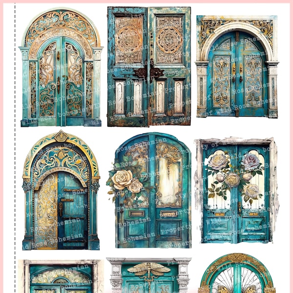 Door Clipart, Vintage Doors in Turquoise Fussy Cut, Door transparent png, Fairy Doors  Collage Sheet, Door Printable Downloadable