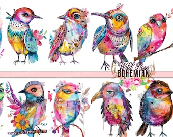 Funky Watercolor Bird Clipart PNG, Bold Colorful Mixed Media Bird Fussy Cuts, Bird Sublimation Transparent PNG, Scrapbooking Junk Journal