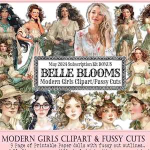 Country Girls PNG,Southern Belle Clipart Mega Bundle, Bohemian Fussy Cuts, Printable Collage Paperdolls, Fashion Girl, Shabby Chic, Green