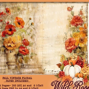 Vintage Floral Paper,  Fall Floral Antique Digital Printable, Fall Vintage Floral Instant Download Paper, Fall Vintage Journal Paper