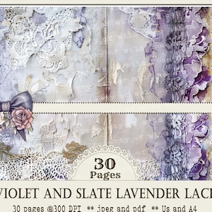 Lavender Lace Collage Printable Paper, Lace Collage Paper, Junk JOurnal Kit, watercolor Digital, collage , Violet and Slate Winter Paper