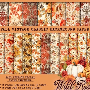 Damask Digital Paper, Classic Fall, VIntage Fall Patterned Digital Printable, Fall Vintage Floral Instant Download Paper