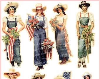 May include: A digital collage of eight vintage illustrations of women in overalls and straw hats holding flowers, baskets, and American flags. The women are all smiling and appear to be celebrating the Fourth of July. The text "Wild Rose Bohemian" is printed at the bottom of the image.