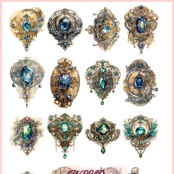 Ornate Jeweled Cabachon Clipart, Vintage Art Nouveau Gem Fussy Cut, Antique Royal Jewelry Graphics, Vintage Jewels Collage Sheet,