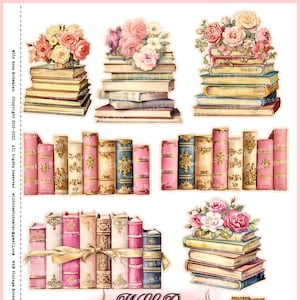Pu&ograve; includere: Una collezione di pile di libri vintage con accenti rosa e dorati, decorate con mazzi di rose bianche e rosa. Le pile sono disposte in varie configurazioni, tra cui una pila singola, una pila doppia e una lunga fila di libri. Il testo "Wild Rose Bohemian" &egrave; visibile al centro dell'immagine.