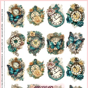 Könnte beinhalten: Zwölf Vintage-Zifferblätter mit verzierten goldenen und blauen Details, umgeben von Blumen und Schmetterlingen. Die Uhren sind vor einem weißen Hintergrund platziert. Der Text "Wild Rose Bohemian" ist am unteren Rand des Bildes sichtbar.