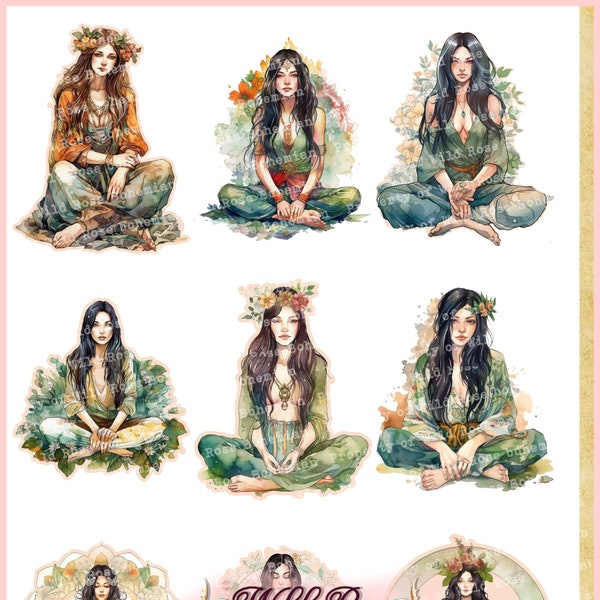 Meditation Fussy Cut Stickers, Girls in Lotus,Yoga Clipart, Bohemian Meditator Collage Sheet, Yogini Printable Downloadable, Yoga Journal
