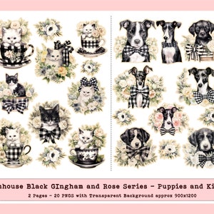 Puppies and Kittens PNGS, Farm Animal Graphics, Italian Greyhound PNG, Pittbull PNG, Kitty CLipart, Black Gingham Rose Junk Journal Kit