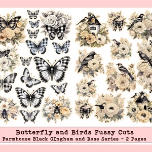 Bird and Butterfly Clipart, Bird and Birdhouse Graphics, Bird and Roses PNGS, Printable Butterfly, Black Gingham Rose Junk Journal Kit