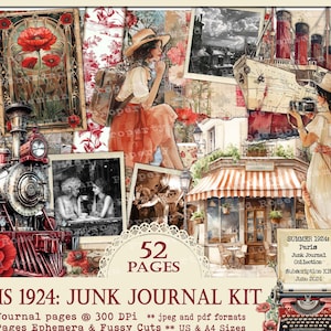 Paris Junk Journal Kit, Red Poppies, 1920, Flappers, Travel Junk Journal Kit, Shabby Chic Printable Journal, Paris Travel Journal Printable