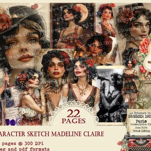 Character Sketch Madeline Claire, Fictional Character for Ephemera Tales 1924 Paris, Summer in France GIrl, Travel Journal Character, Paris