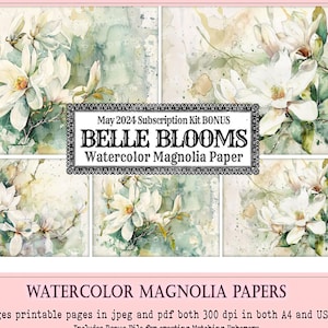 Magnolia Floral Watercolor Paper, Watercolor Floral Green and Cream Digital Printable Paper, Horizontal Format, Junk Journal | Art Journal